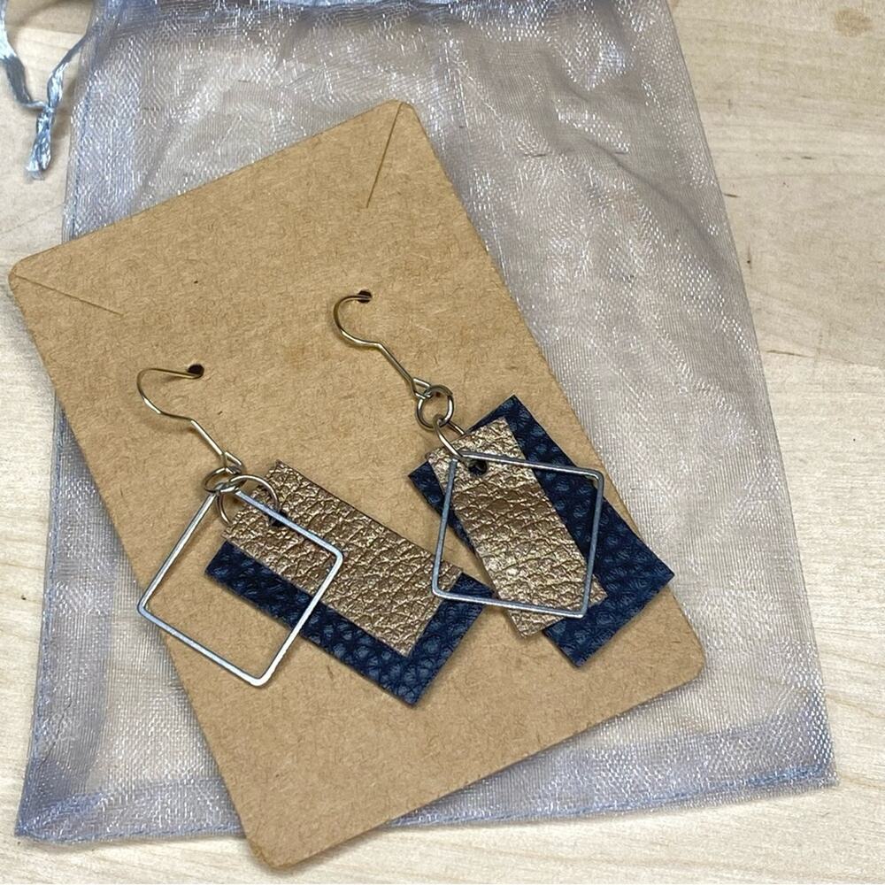 Faux Leather Handmade Geometric Silver Diamond Wire Hook Earrings